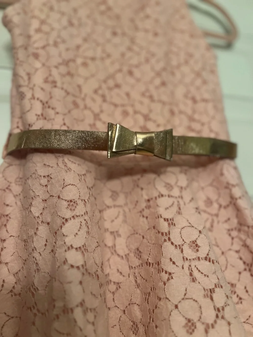 🌸 Girls Pink Lace Overlay Dress with Gold Bow Belt - Size 10
